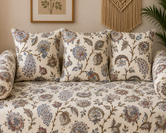 Amoha Decor Cotton Diwan Set – Blue Paisley Print 8 Piece Traditional Diwan Cover Set