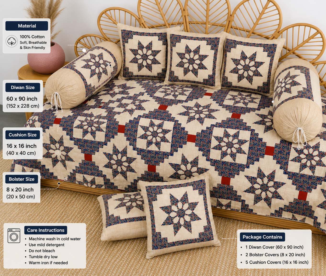 Amoha Decor Cotton Diwan Set – Floral Star Patchwork 8 Piece Diwan Cover Set