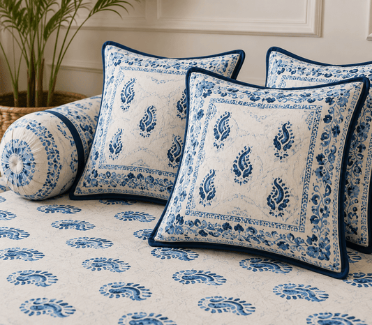 Amoha Decor Cotton Diwan Set – Blue Paisley Print 8 Piece Traditional Diwan Cover Set - Amoha Decor