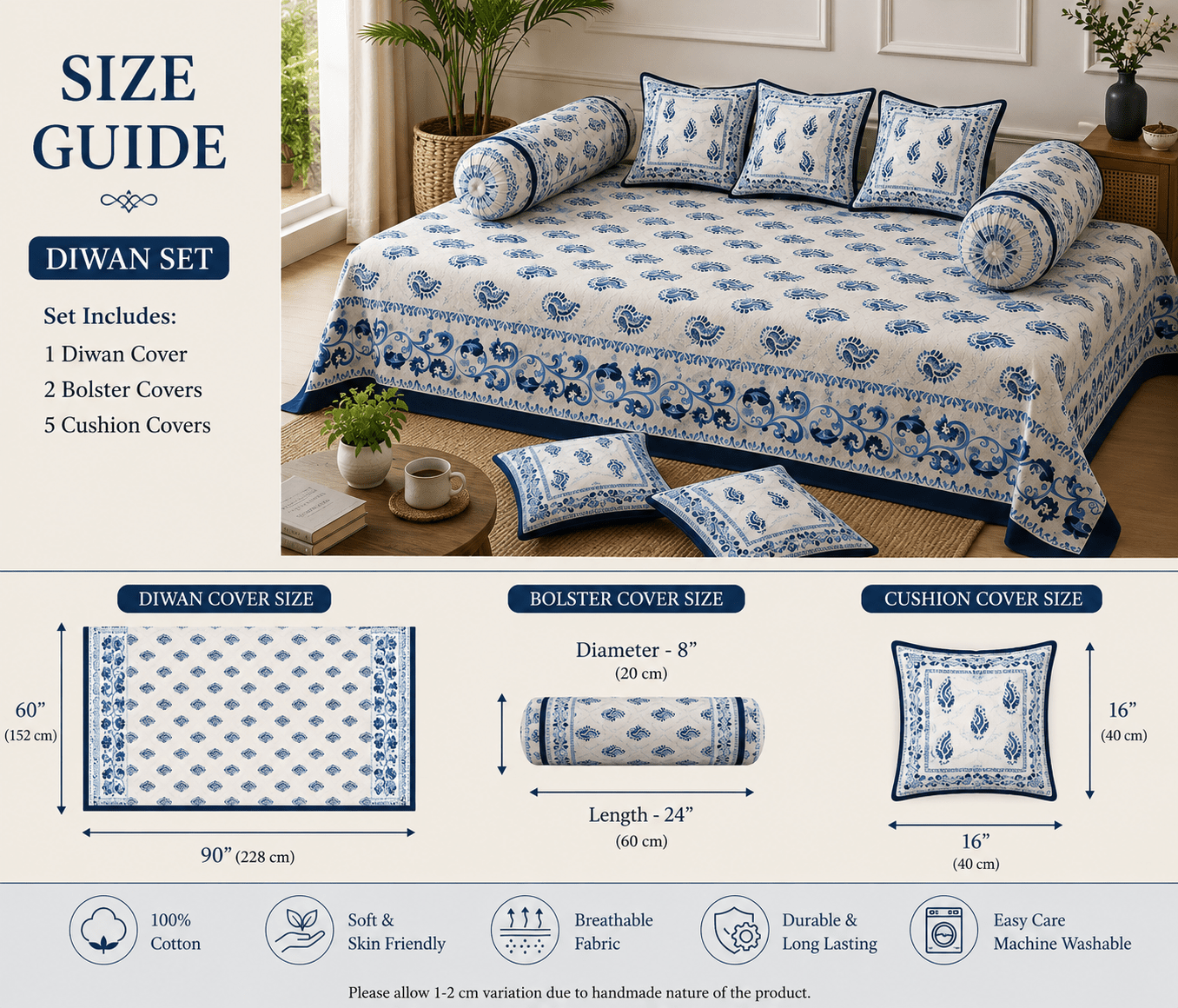 Amoha Decor Cotton Diwan Set – Blue Paisley Print 8 Piece Traditional Diwan Cover Set - Amoha Decor