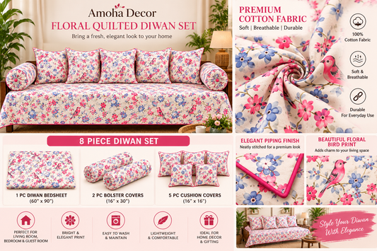 Amoha Decor Cotton Diwan Set – Elephant Heritage Print 8 Piece Diwan Cover Set - Amoha Decor