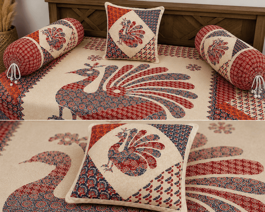 Amoha Decor Cotton Diwan Set – Royal Peacock Print 8 Piece Traditional Diwan Cover Set - Amoha Decor