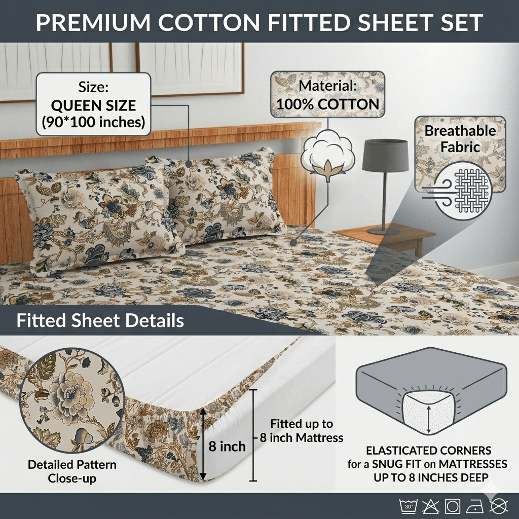 Amoha Decor Elastic Cotton Fitted Bedsheet Queen Size 90×100 | 8 Inch Mattress Fit - Amoha Decor
