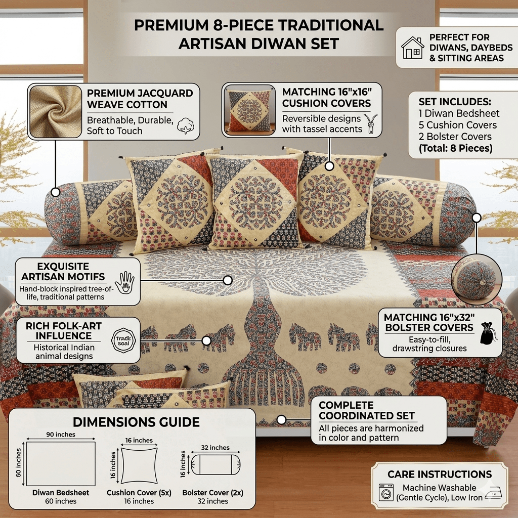 Amoha Decor Ethnic Patchwork Elephant Cotton Diwan Set – 8 Piece Sofa Cover Set - Amoha Decor