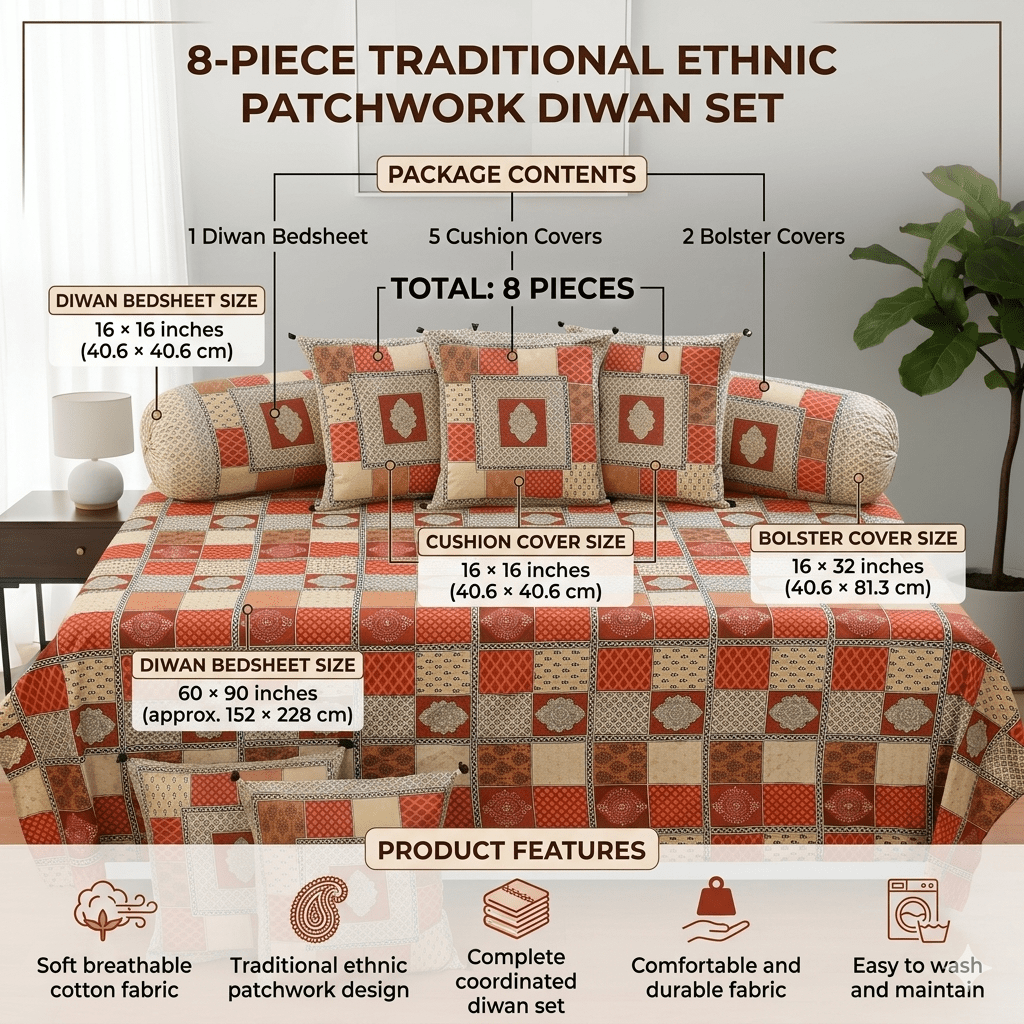 Amoha Decor Traditional Patchwork Cotton Diwan Set – 1 Bedsheet, 5 Cushion Covers & 2 Bolster Covers - Amoha Decor