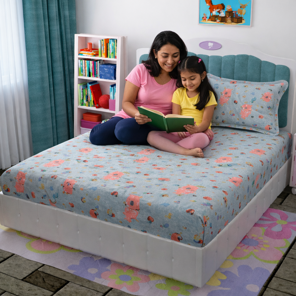 Bear Printed Cartoon Kids Cotton Bedsheet Set with 2 Pillow Covers – Queen Size 90×100 - Amoha Decor