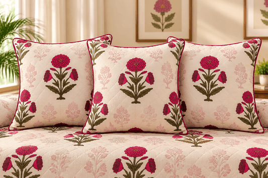 Elegant Floral Cotton Diwan Set – 8-Piece Living Room Set - Amoha Decor