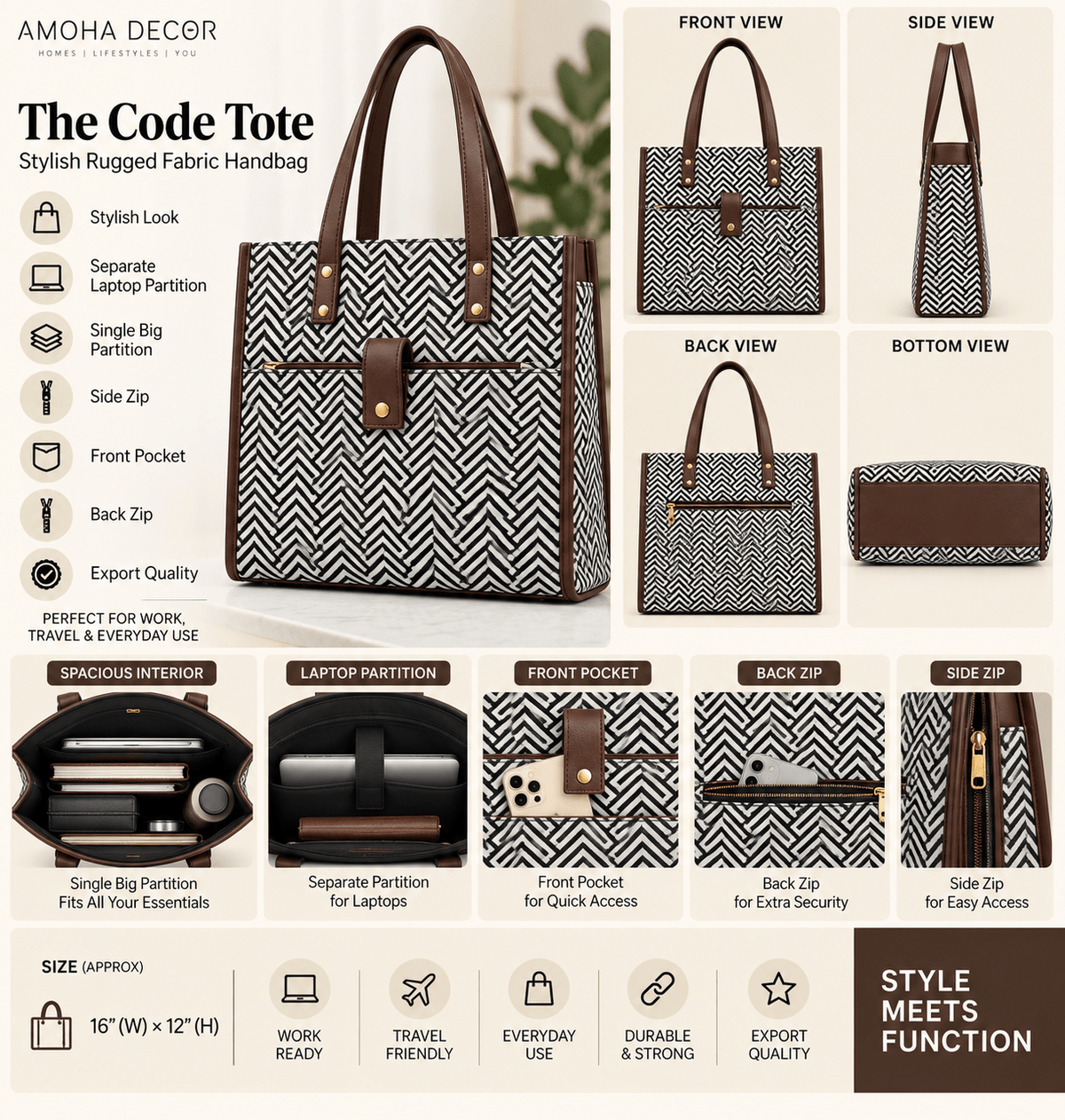 Laptop Tote with Separate Laptop Compartment & Multiple Pockets - Amoha Decor