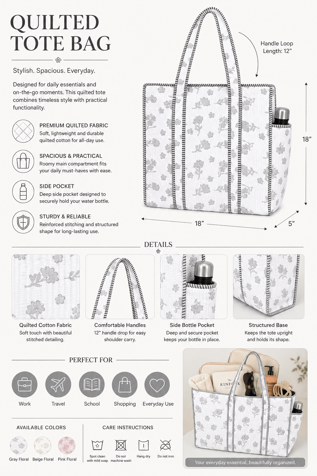 Women's Tote Handbag with Outer Bottle Pocket | Spacious Multi-Compartment Everyday Shoulder Bag - Amoha Decor