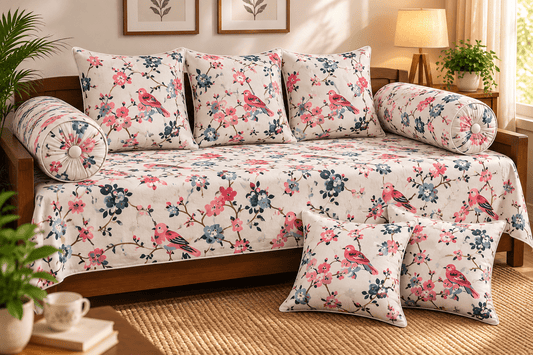 8 Piece Traditional Cotton Diwan Set with Bedsheet, Cushion and Bolster Covers by Amoha Decor - Amoha Decor