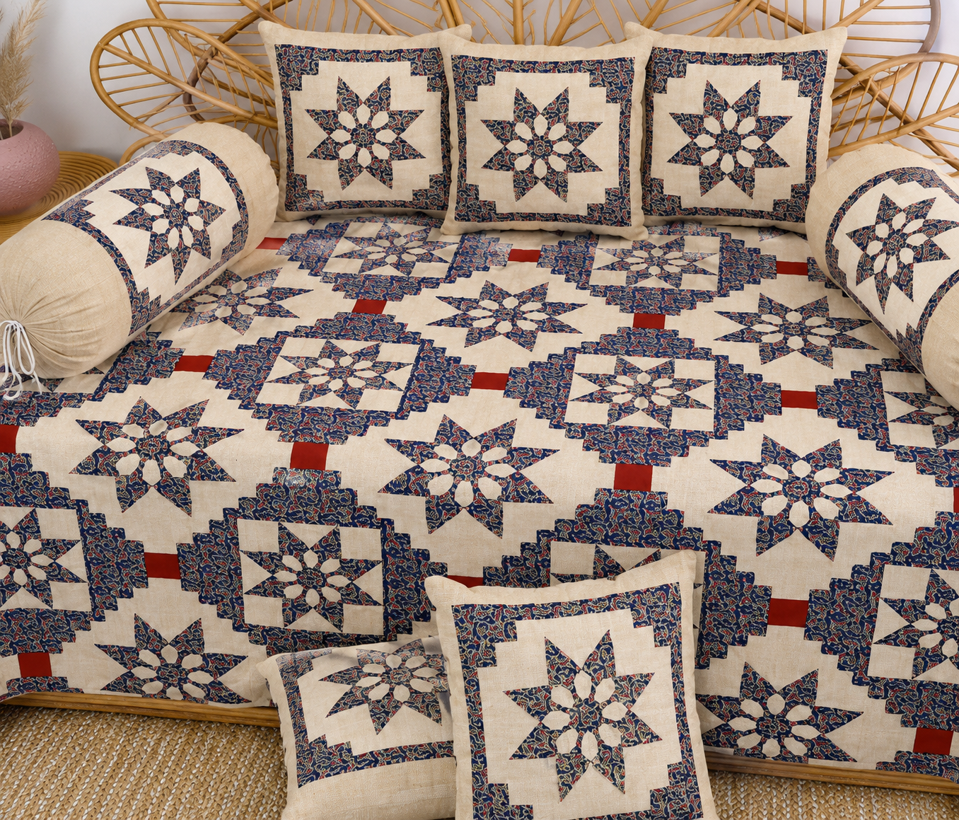 Amoha Decor Cotton Diwan Set – Floral Star Patchwork 8 Piece Diwan Cover Set
