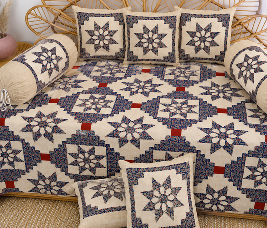 Amoha Decor Cotton Diwan Set – Floral Star Patchwork 8 Piece Diwan Cover Set