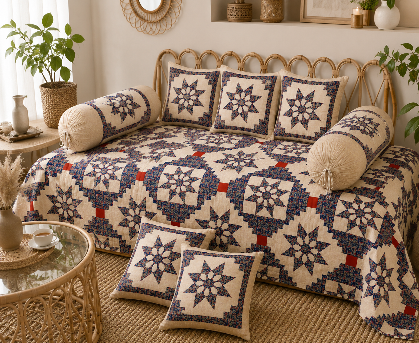 Amoha Decor Cotton Diwan Set – Floral Star Patchwork 8 Piece Diwan Cover Set