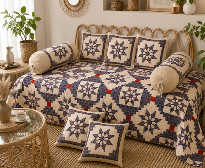 Amoha Decor Cotton Diwan Set – Floral Star Patchwork 8 Piece Diwan Cover Set