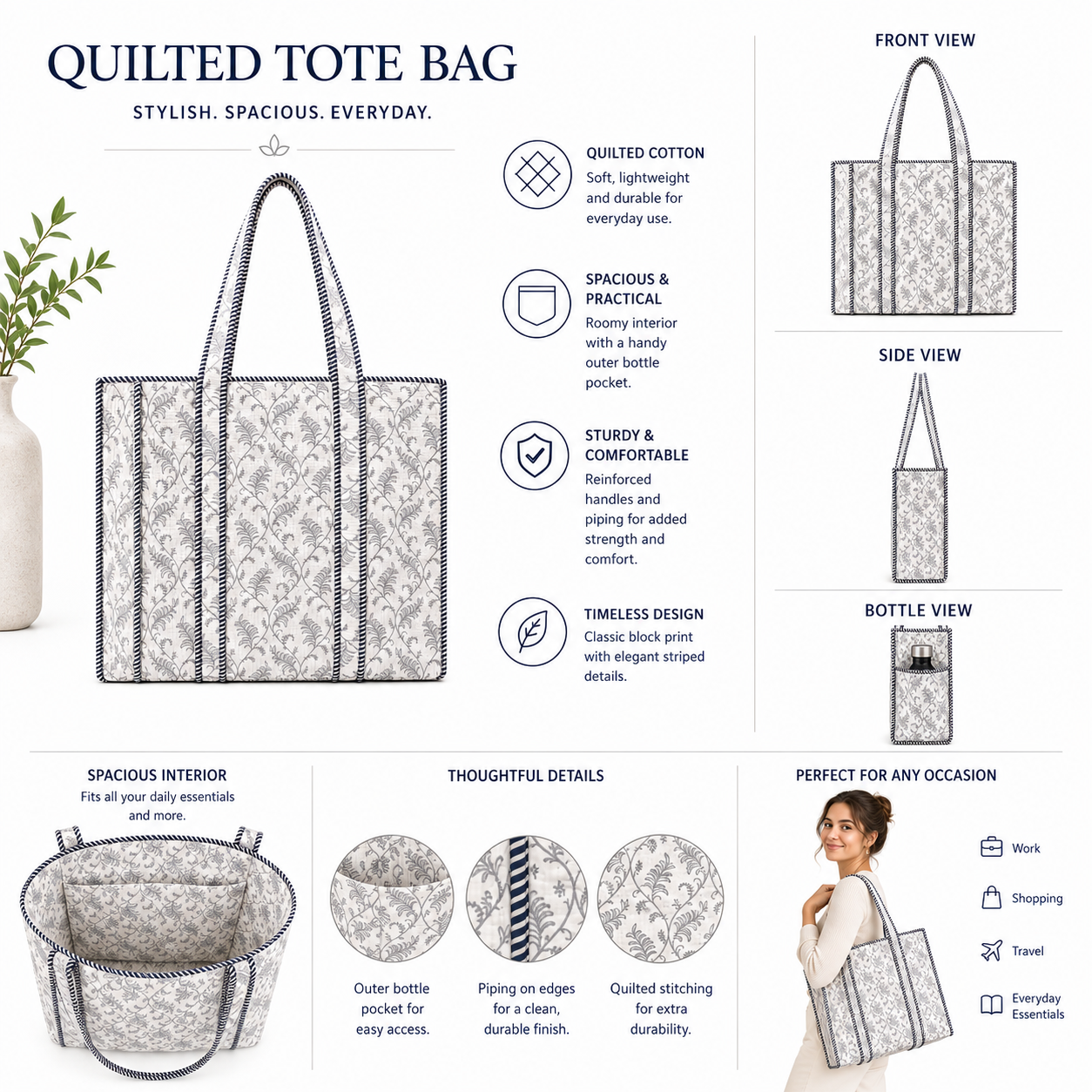 Women's Vintage Botanical Quilted Tote Bag – Cotton Shoulder Carryall