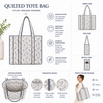 Women's Vintage Botanical Quilted Tote Bag – Cotton Shoulder Carryall