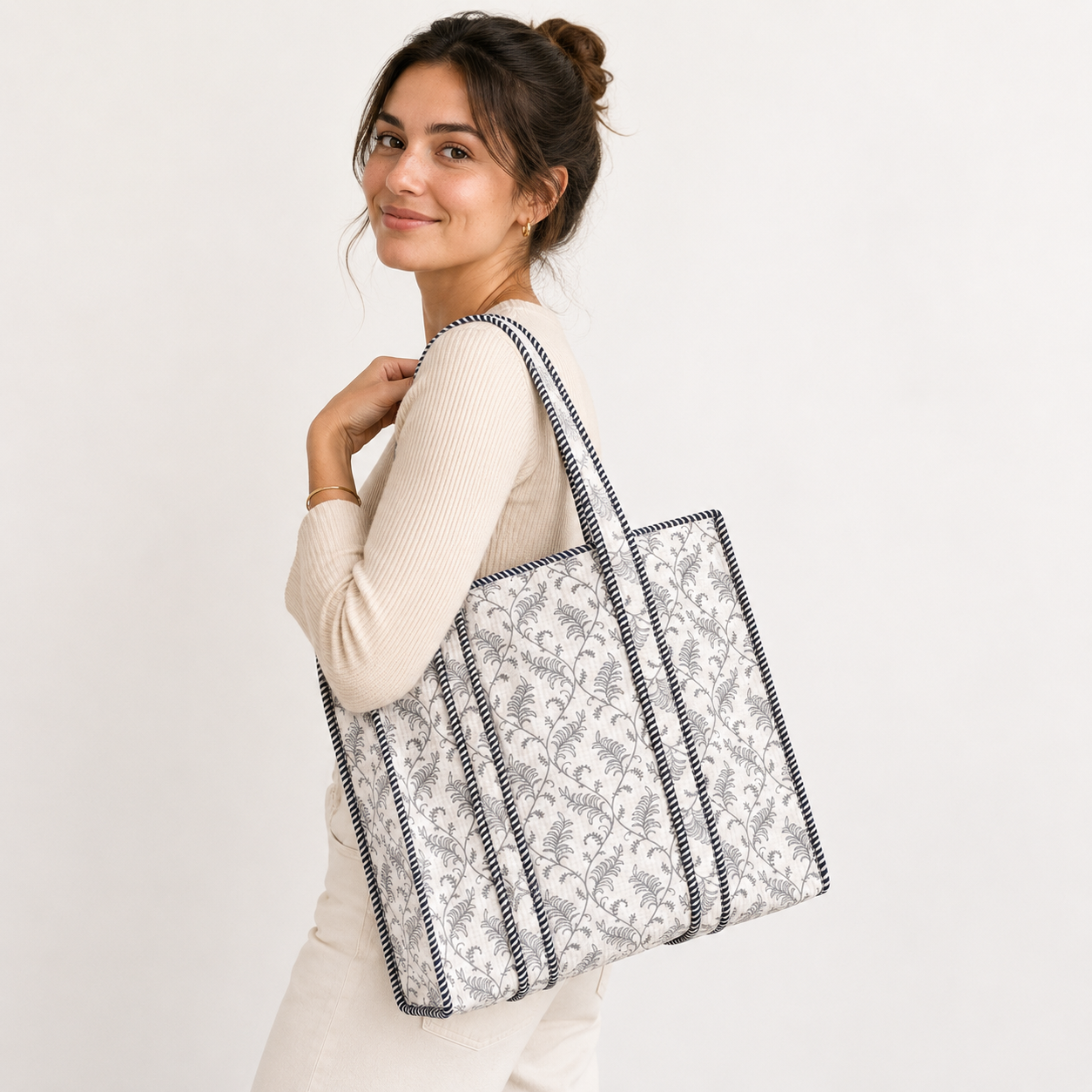 Women's Vintage Botanical Quilted Tote Bag – Cotton Shoulder Carryall
