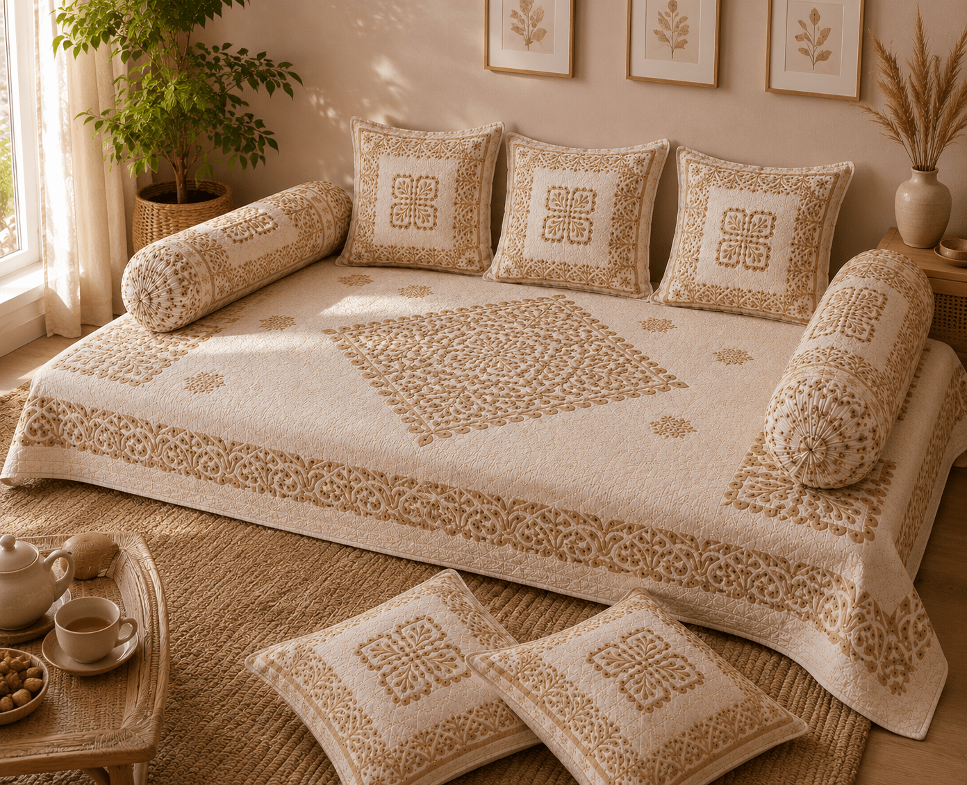 Amoha Decor Cotton Diwan Set – Beige Mandala Print 8 Piece Premium Diwan Cover Set - Amoha Decor
