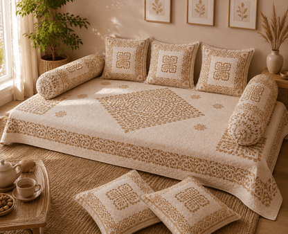 Amoha Decor Cotton Diwan Set – Beige Mandala Print 8 Piece Premium Diwan Cover Set - Amoha Decor