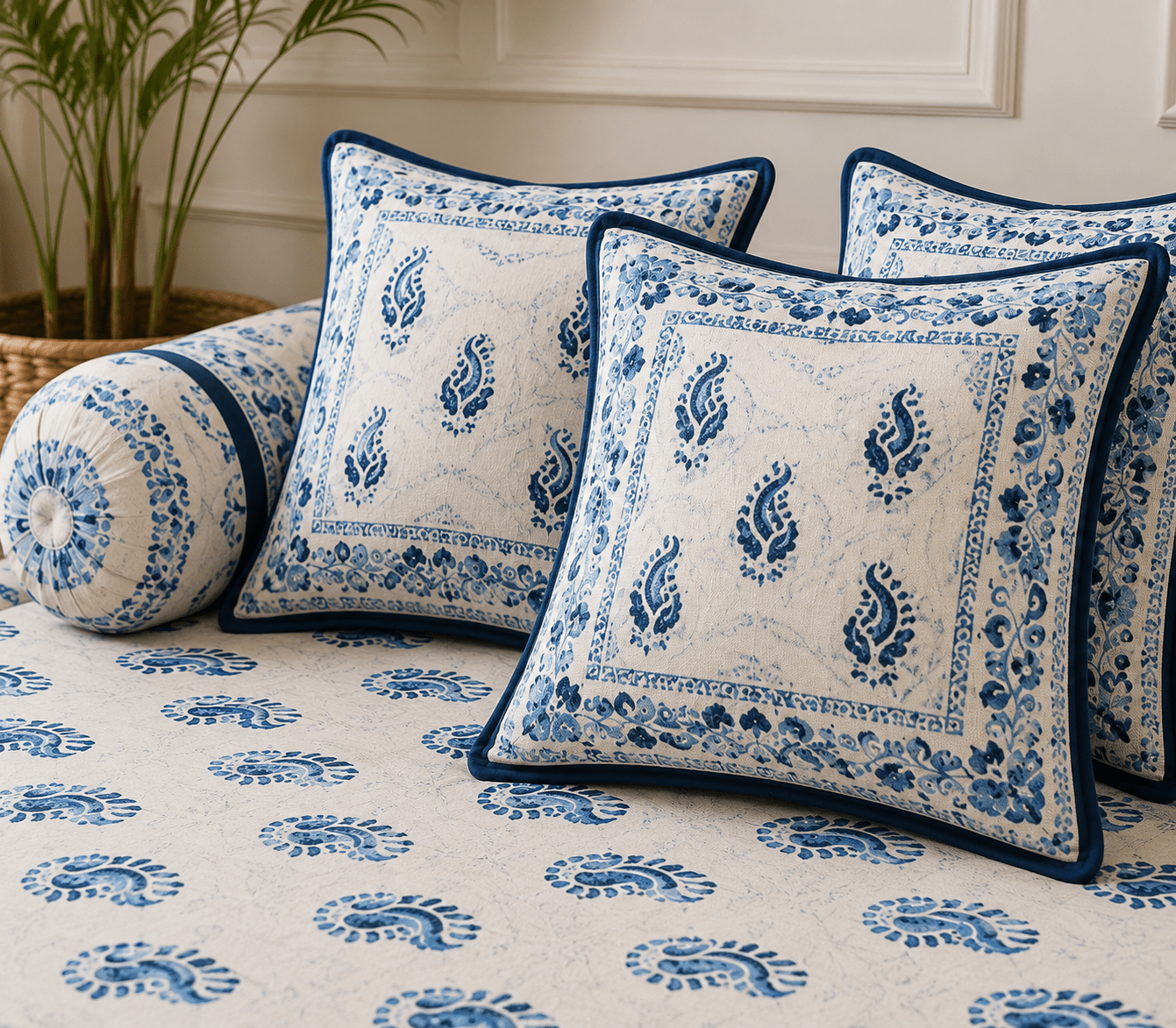 Amoha Decor Cotton Diwan Set – Blue Paisley Print 8 Piece Traditional Diwan Cover Set - Amoha Decor
