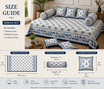 Amoha Decor Cotton Diwan Set – Blue Paisley Print 8 Piece Traditional Diwan Cover Set - Amoha Decor