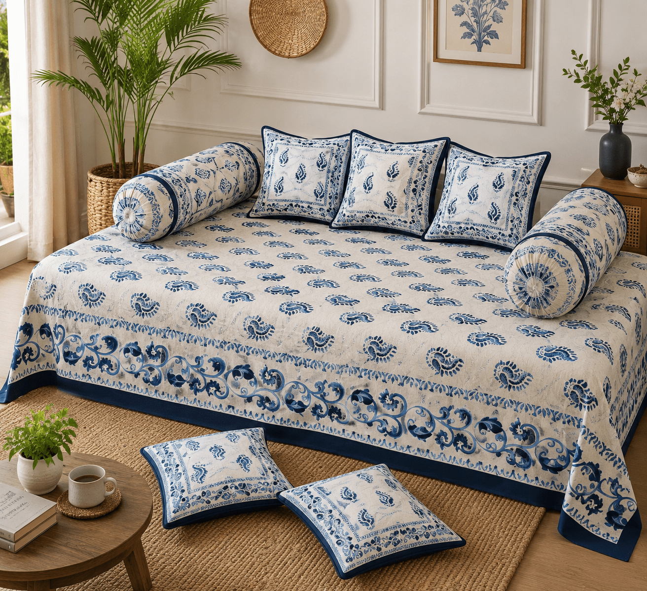 Amoha Decor Cotton Diwan Set – Blue Paisley Print 8 Piece Traditional Diwan Cover Set - Amoha Decor