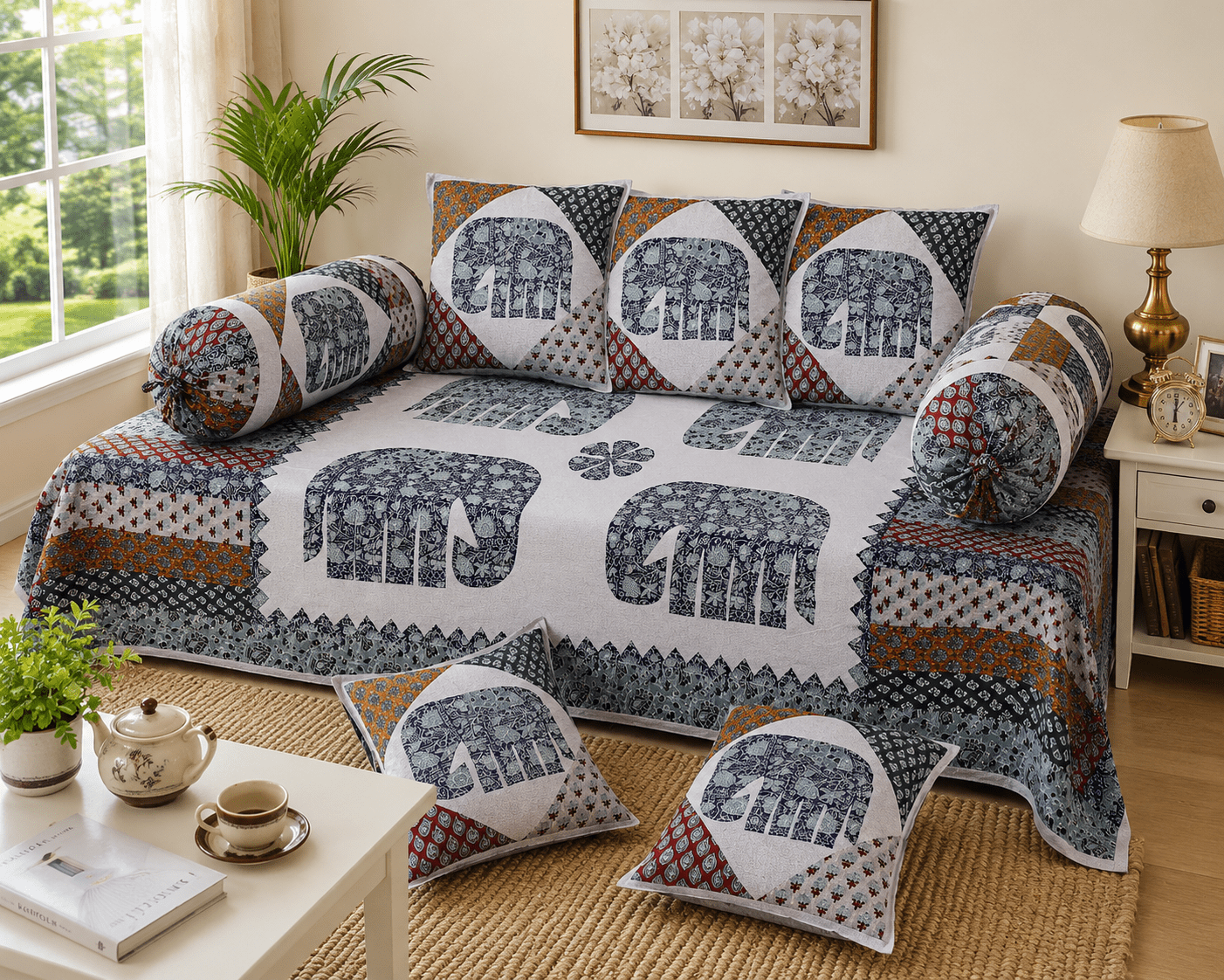 Amoha Decor Cotton Diwan Set – Elephant Heritage Print 8 Piece Diwan Cover Set - Amoha Decor