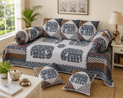 Amoha Decor Cotton Diwan Set – Elephant Heritage Print 8 Piece Diwan Cover Set - Amoha Decor