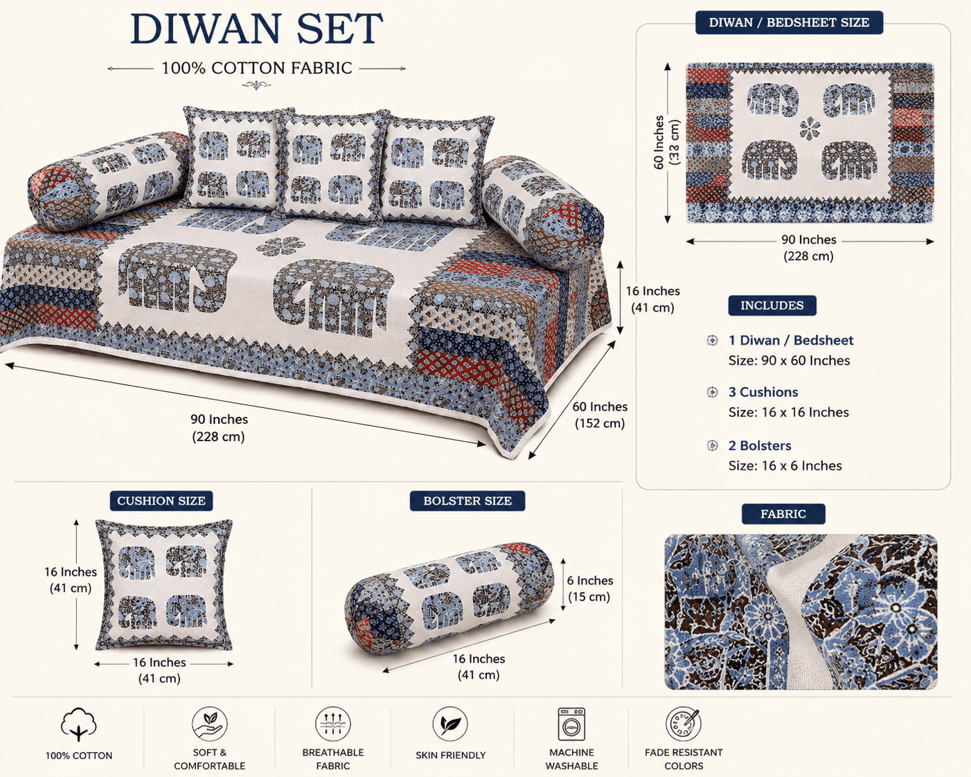 Amoha Decor Cotton Diwan Set – Elephant Heritage Print 8 Piece Diwan Cover Set - Amoha Decor