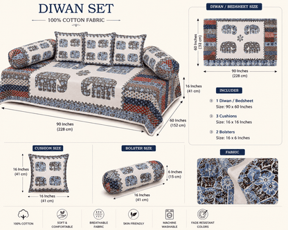 Amoha Decor Cotton Diwan Set – Elephant Heritage Print 8 Piece Diwan Cover Set - Amoha Decor