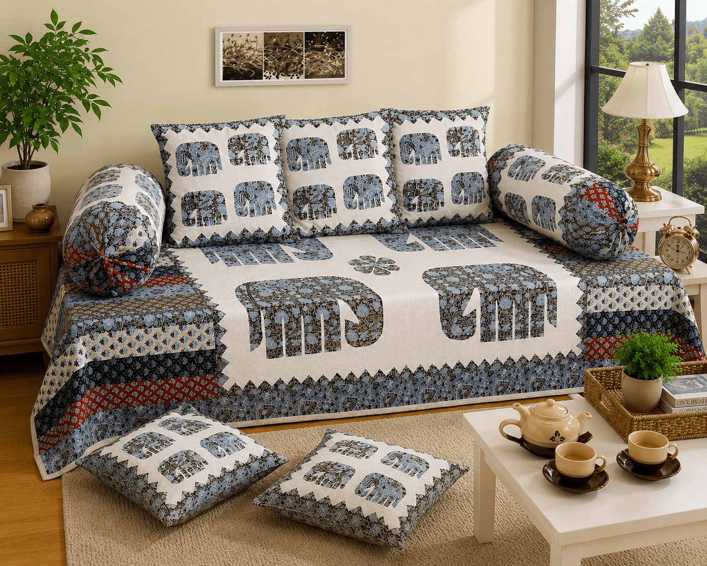 Amoha Decor Cotton Diwan Set – Elephant Patchwork Print 8 Piece Diwan Cover Set - Amoha Decor