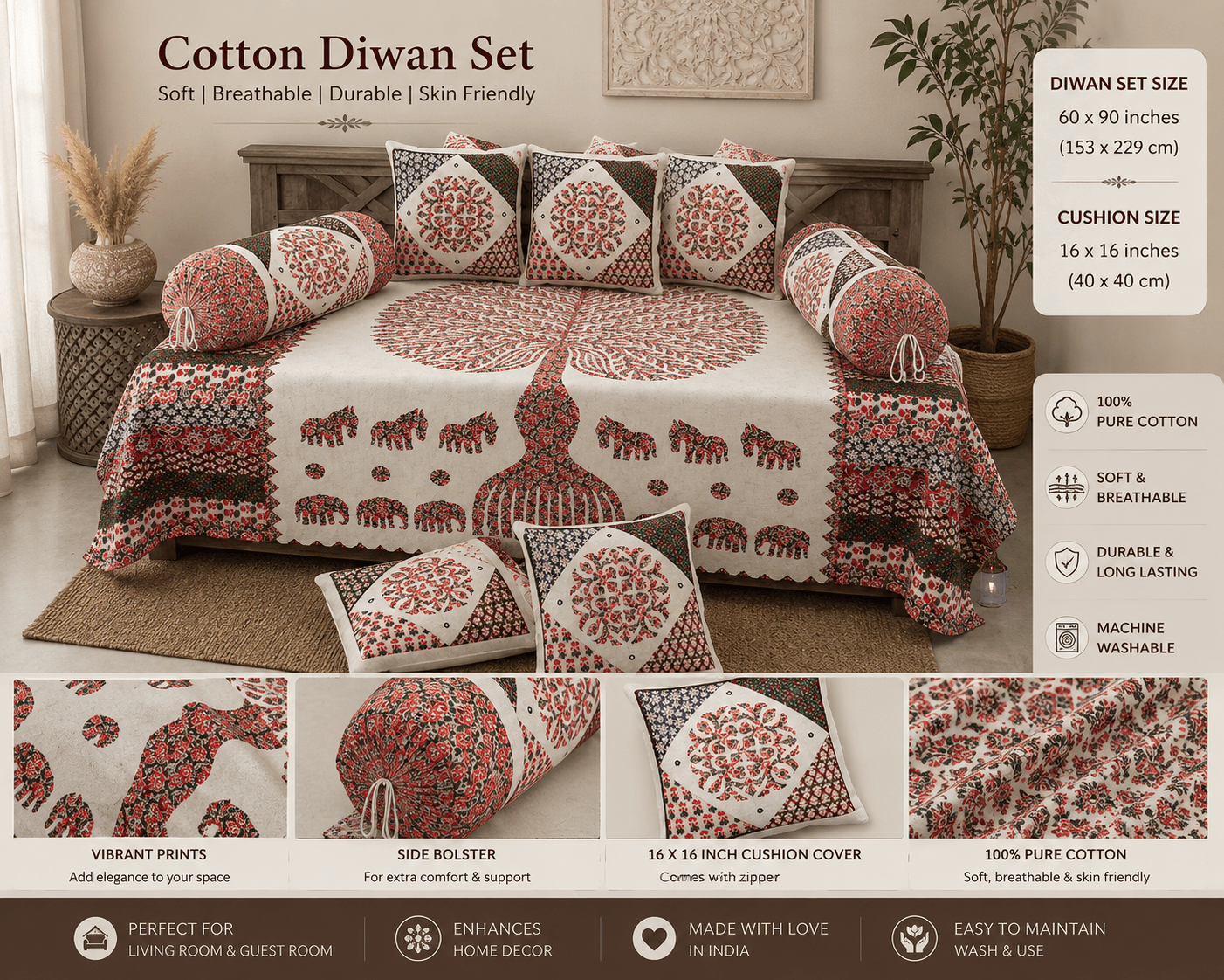 Amoha Decor Cotton Diwan Set – Ethnic Tree of Life Print 8 Piece Diwan Cover Set - Amoha Decor