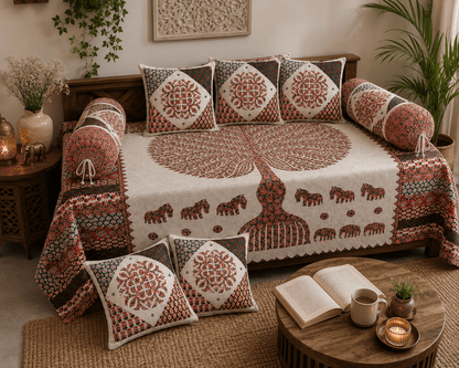 Amoha Decor Cotton Diwan Set – Ethnic Tree of Life Print 8 Piece Diwan Cover Set - Amoha Decor