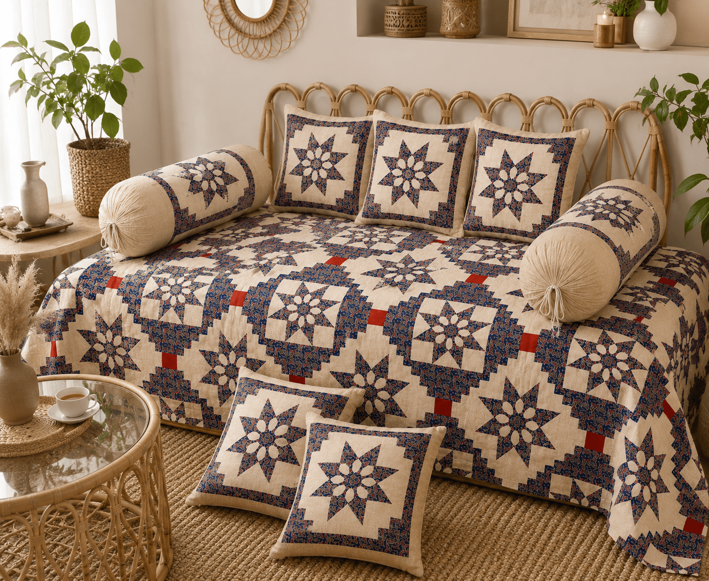 Amoha Decor Cotton Diwan Set – Floral Star Patchwork 8 Piece Diwan Cover Set - Amoha Decor