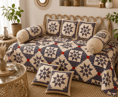 Amoha Decor Cotton Diwan Set – Floral Star Patchwork 8 Piece Diwan Cover Set - Amoha Decor