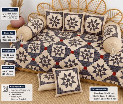 Amoha Decor Cotton Diwan Set – Floral Star Patchwork 8 Piece Diwan Cover Set - Amoha Decor
