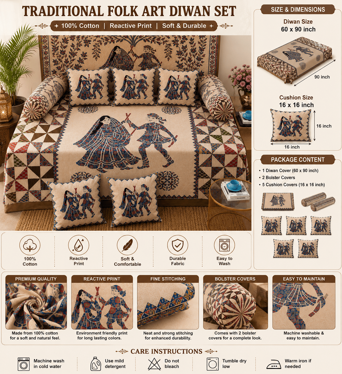 Amoha Decor Cotton Diwan Set – Heritage Folk Dance Print 8 Piece Diwan Cover Set - Amoha Decor