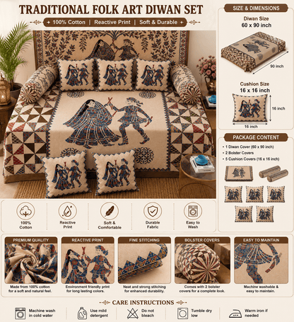 Amoha Decor Cotton Diwan Set – Heritage Folk Dance Print 8 Piece Diwan Cover Set - Amoha Decor