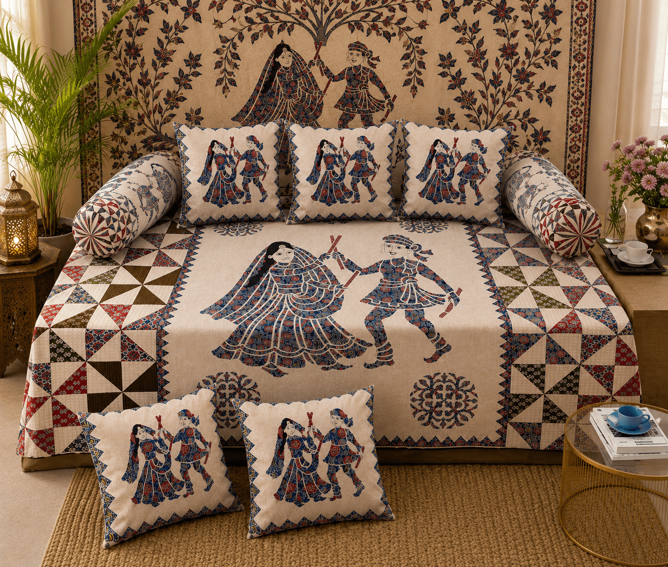 Amoha Decor Cotton Diwan Set – Heritage Folk Dance Print 8 Piece Diwan Cover Set - Amoha Decor