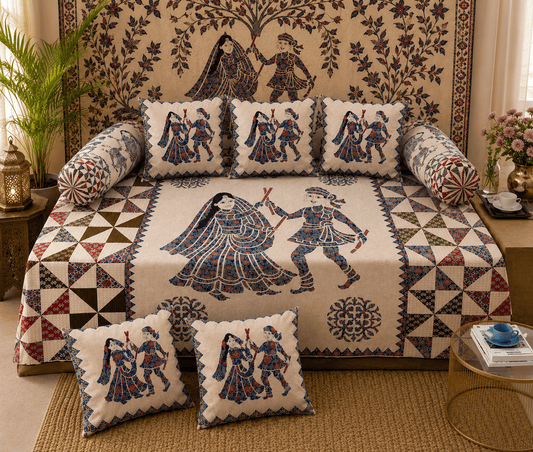 Amoha Decor Cotton Diwan Set – Heritage Folk Dance Print 8 Piece Diwan Cover Set - Amoha Decor