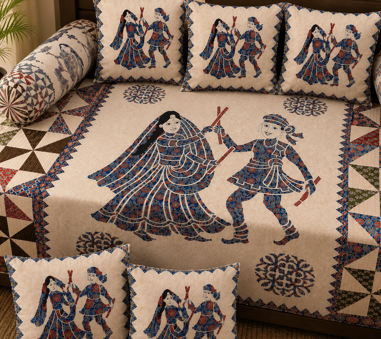 Amoha Decor Cotton Diwan Set – Heritage Folk Dance Print 8 Piece Diwan Cover Set - Amoha Decor