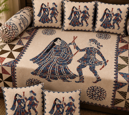Amoha Decor Cotton Diwan Set – Heritage Folk Dance Print 8 Piece Diwan Cover Set - Amoha Decor