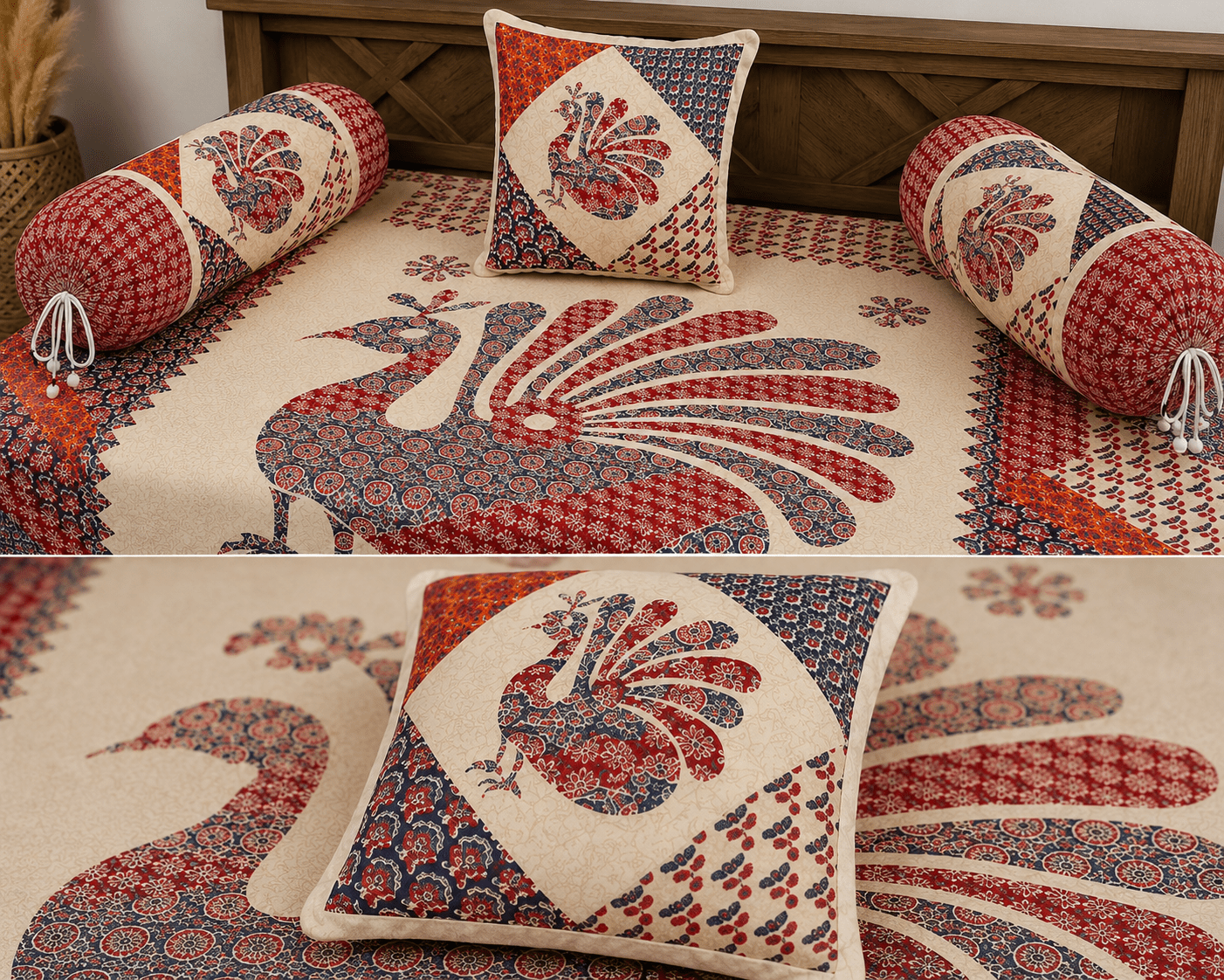 Amoha Decor Cotton Diwan Set – Royal Peacock Print 8 Piece Traditional Diwan Cover Set - Amoha Decor
