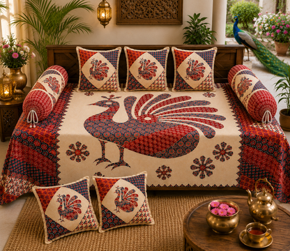 Amoha Decor Cotton Diwan Set – Royal Peacock Print 8 Piece Traditional Diwan Cover Set - Amoha Decor