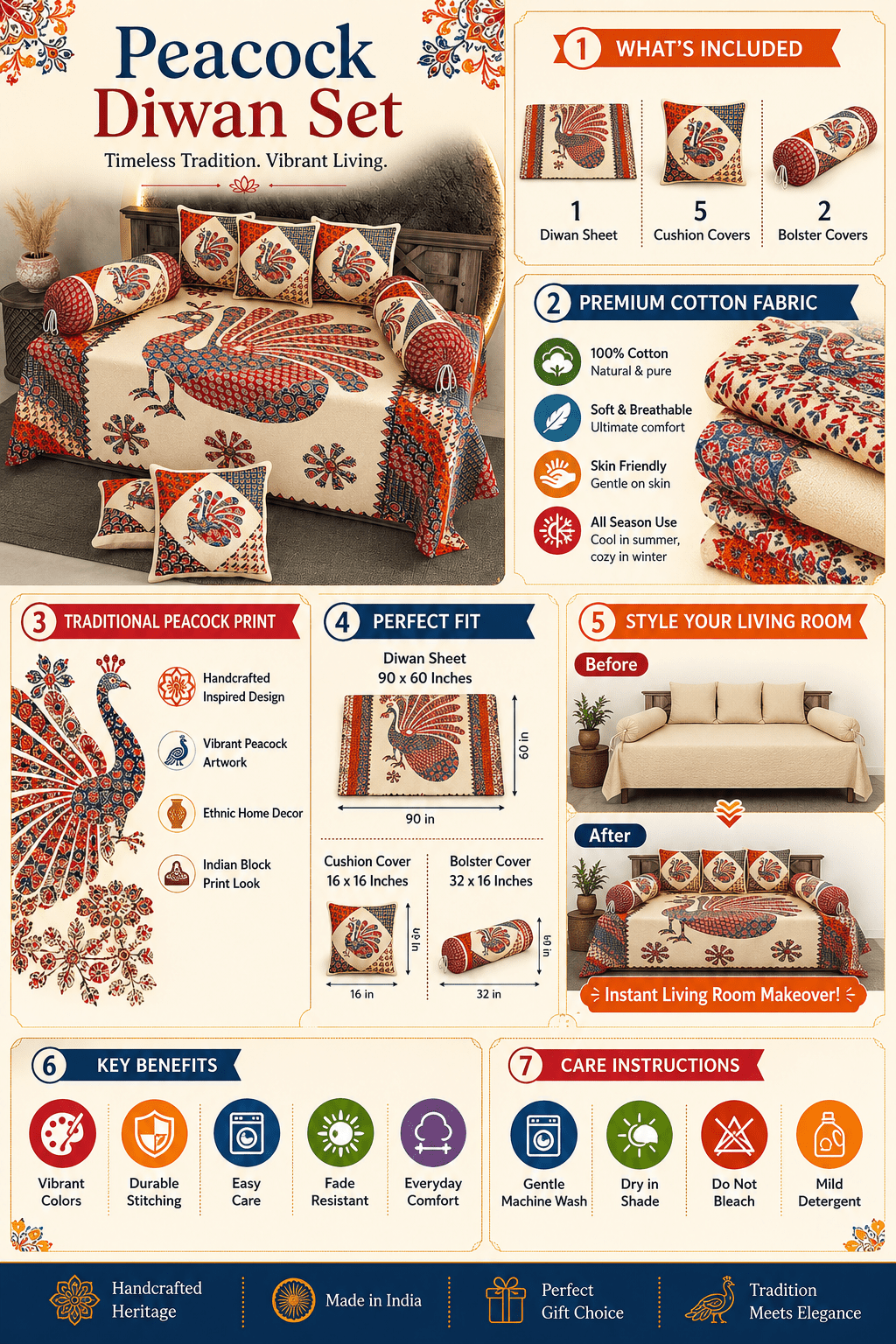 Amoha Decor Cotton Diwan Set – Royal Peacock Print 8 Piece Traditional Diwan Cover Set - Amoha Decor
