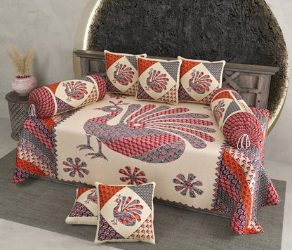 Amoha Decor Cotton Diwan Set – Royal Peacock Print 8 Piece Traditional Diwan Cover Set - Amoha Decor
