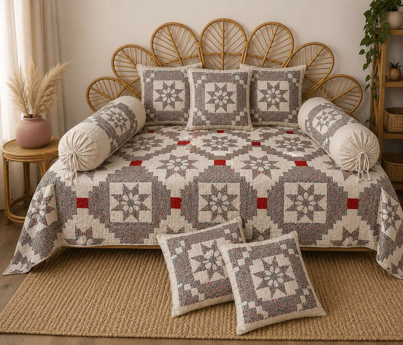Amoha Decor Cotton Diwan Set – Vintage Patchwork Floral 8 Piece Diwan Cover Set - Amoha Decor