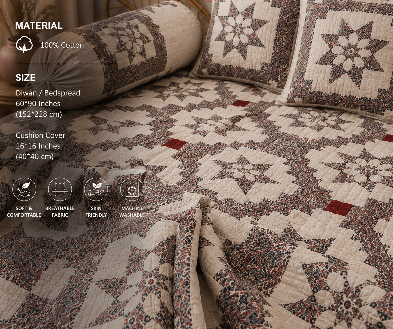 Amoha Decor Cotton Diwan Set – Vintage Patchwork Floral 8 Piece Diwan Cover Set - Amoha Decor