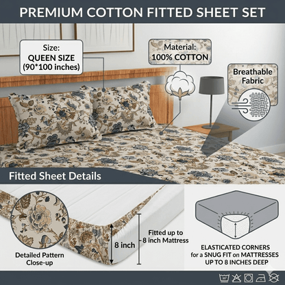 Amoha Decor Elastic Cotton Fitted Bedsheet Queen Size 90×100 | 8 Inch Mattress Fit - Amoha Decor