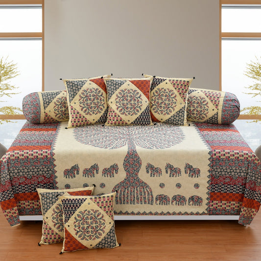 Amoha Decor Ethnic Patchwork Elephant Cotton Diwan Set – 8 Piece Sofa Cover Set - Amoha Decor